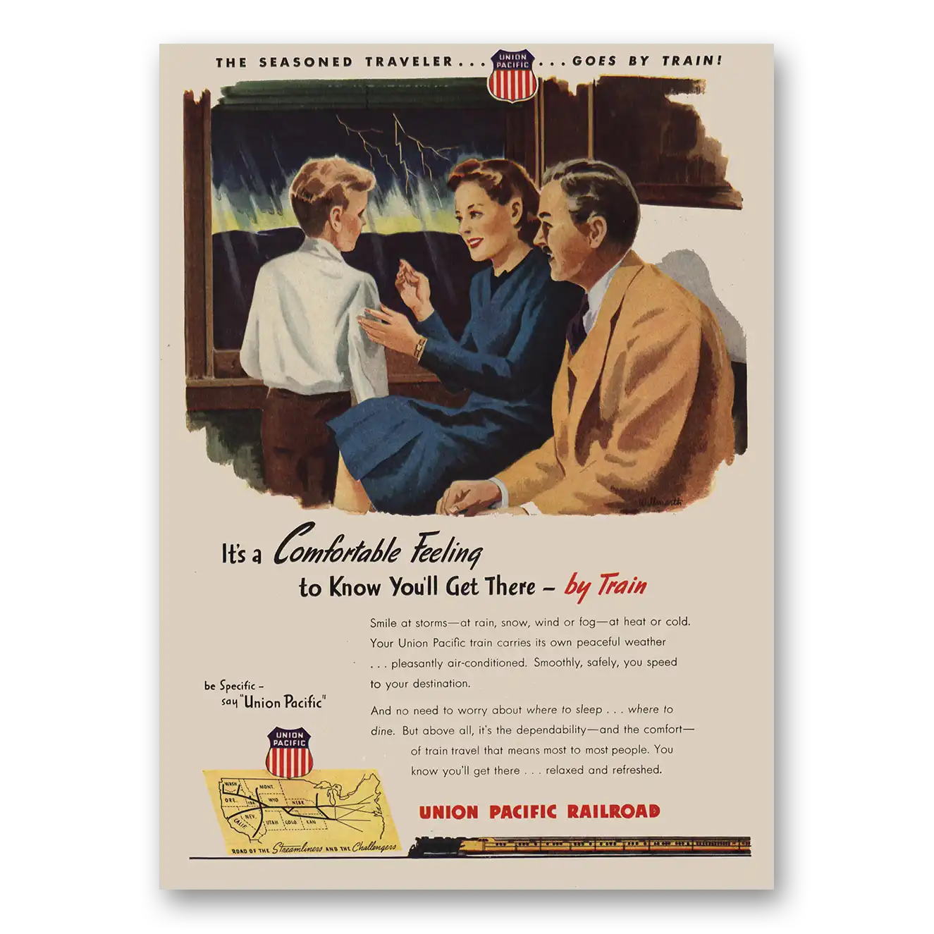 1947 Union Pacific Railroad Comfortable Feeling Vintage Magazine Print Ad