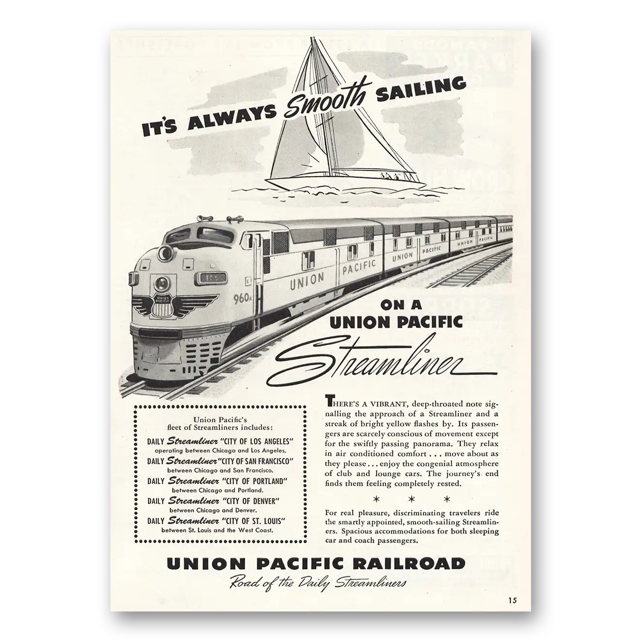 1947 Union Pacific Railroad Always Smooth Sailing Vintage Magazine Print Ad