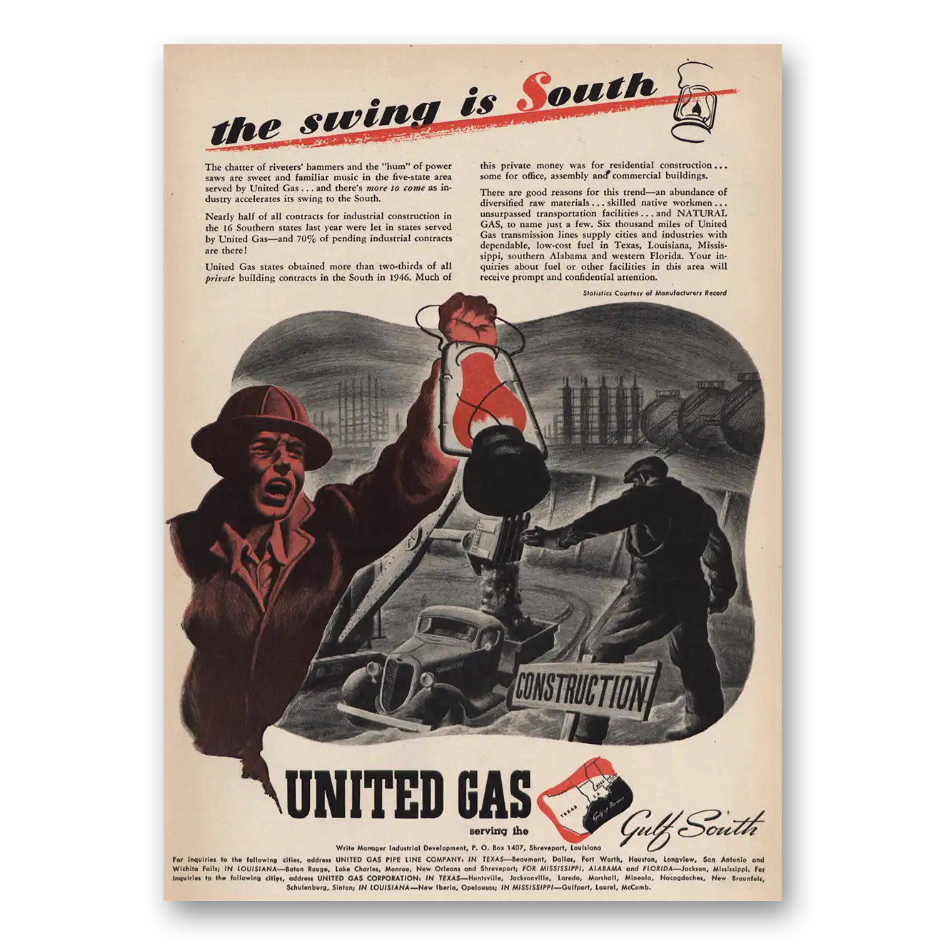 1947 United Gas The Swing Is South Vintage Magazine Print Ad