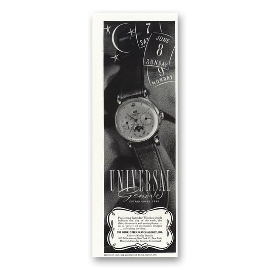 1947 Universal Geneve Watch Calendar Watches Vintage Magazine Print Ad