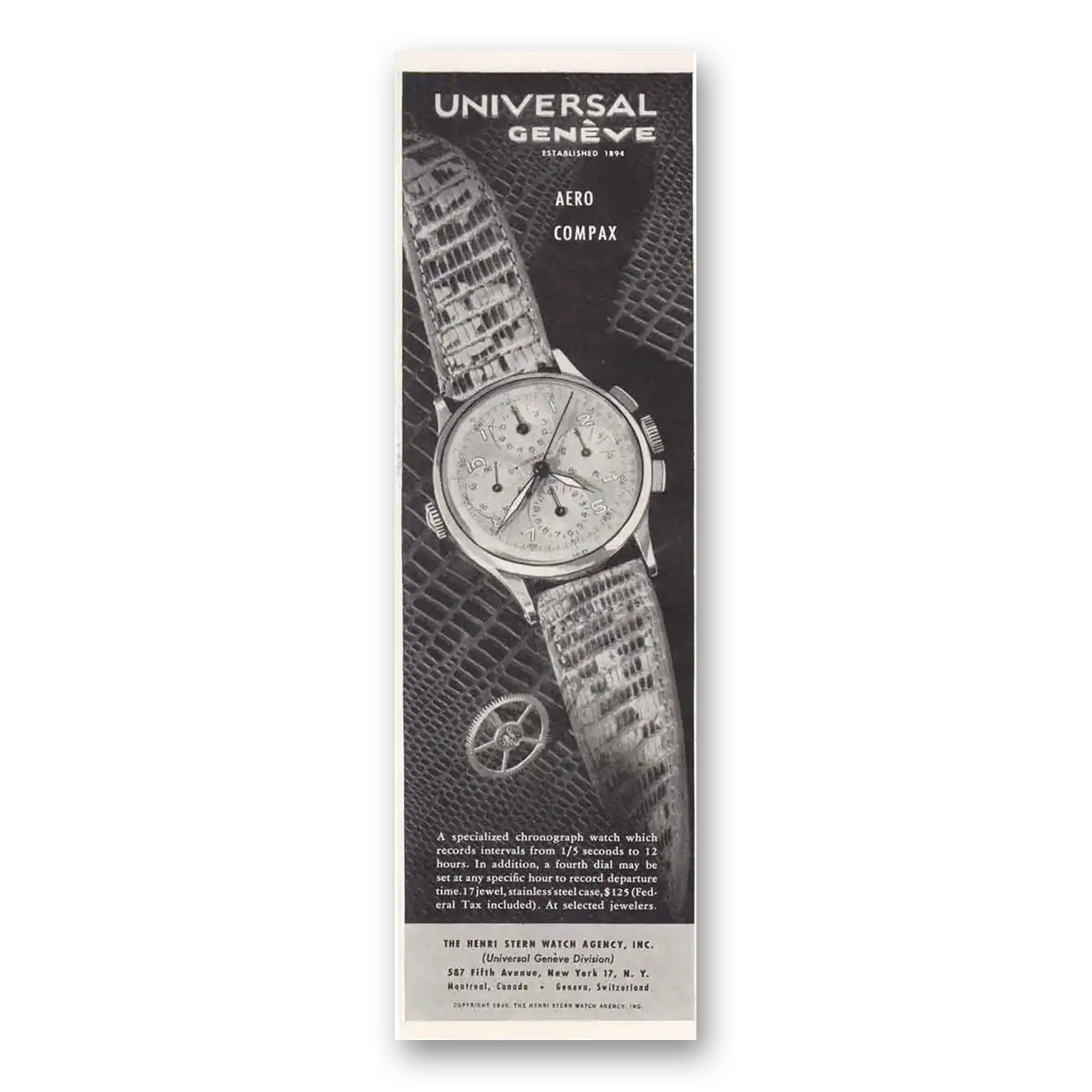 1947 Universal Geneve Watch Aero Compax Vintage Magazine Print Ad