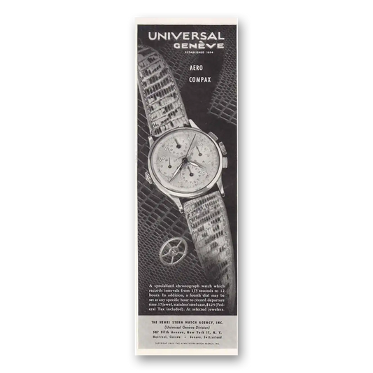 1947 Universal Geneve Watch Aero Compax Vintage Magazine Print Ad