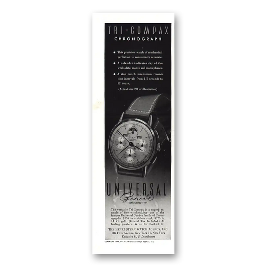 1947 Universal Geneve Watch Tri Compax Chronograph Vintage Magazine Print Ad