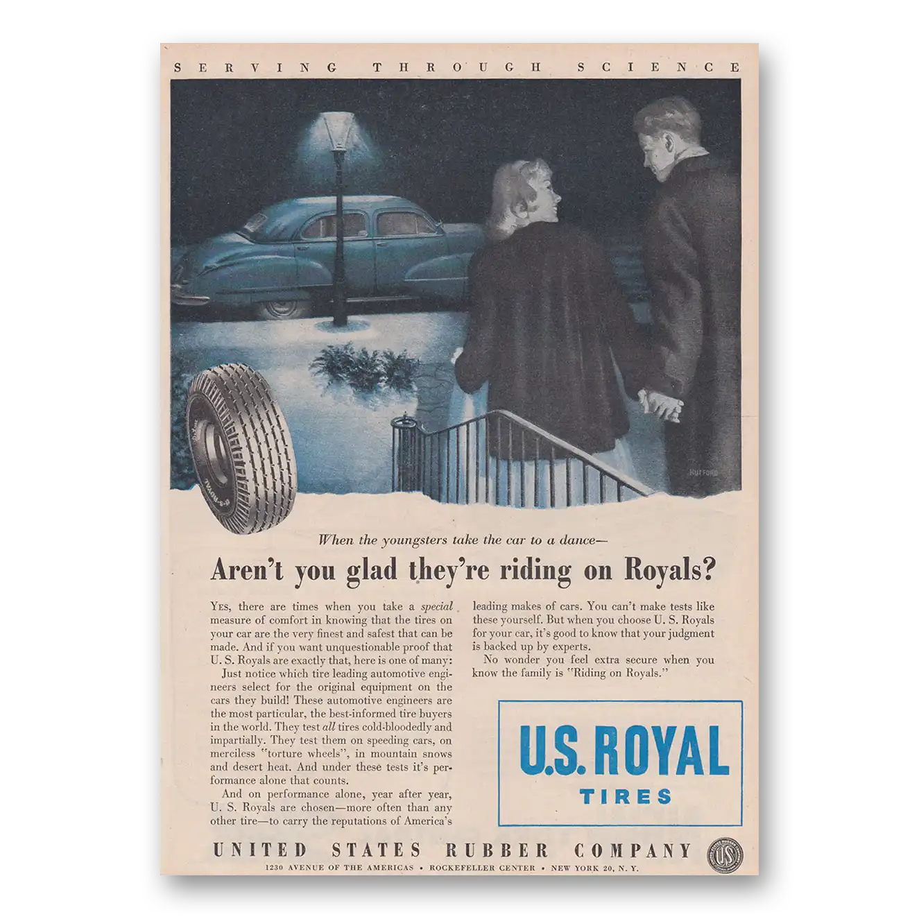 1947 US Royal Tires When the Youngsters Take the Car Vintage Magazine Print Ad