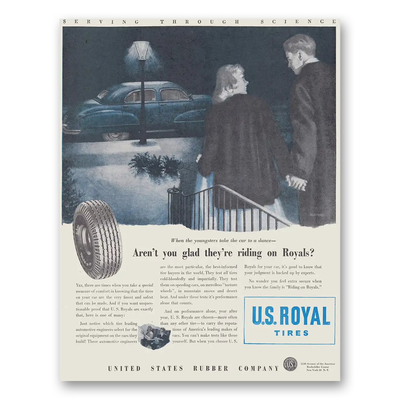 1947 US Royal Tires Aren't You Glad They're Riding On Royals Vintage Magazine Print Ad