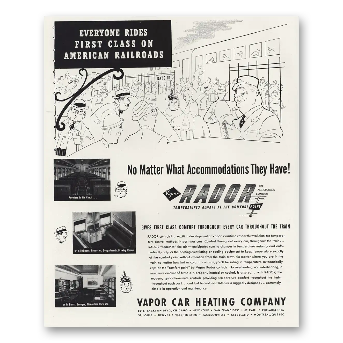 1947 Vapor Car Heating Everyone Rides First Class American Railroads Vintage Magazine Print Ad