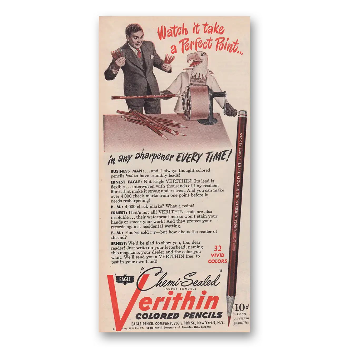 1947 Verithin Colored Pencils It Take a Perfect Point Vintage Magazine Print Ad