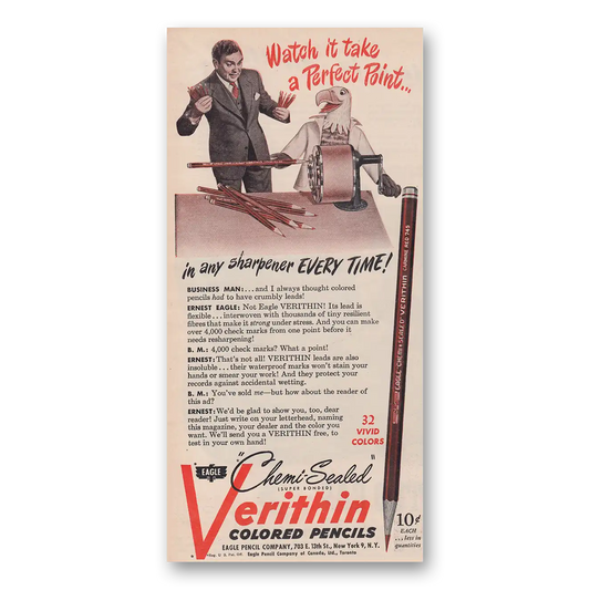 1947 Verithin Colored Pencils It Take a Perfect Point Vintage Magazine Print Ad