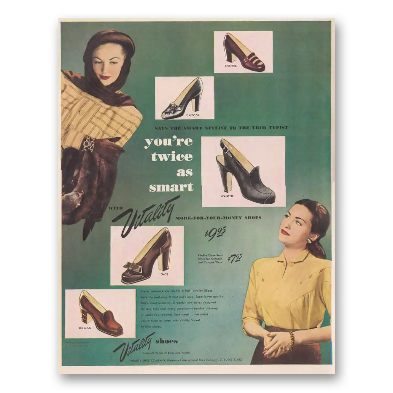 1947 Vitality Shoes You're Twice as Smart Vintage Magazine Print Ad