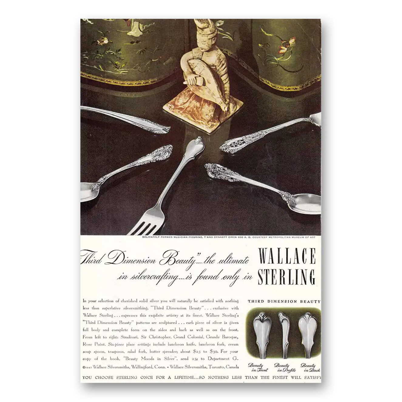 1947 Wallace Sterling T'Ang Dynasty Third Dimension Beauty Vintage Magazine Print Ad