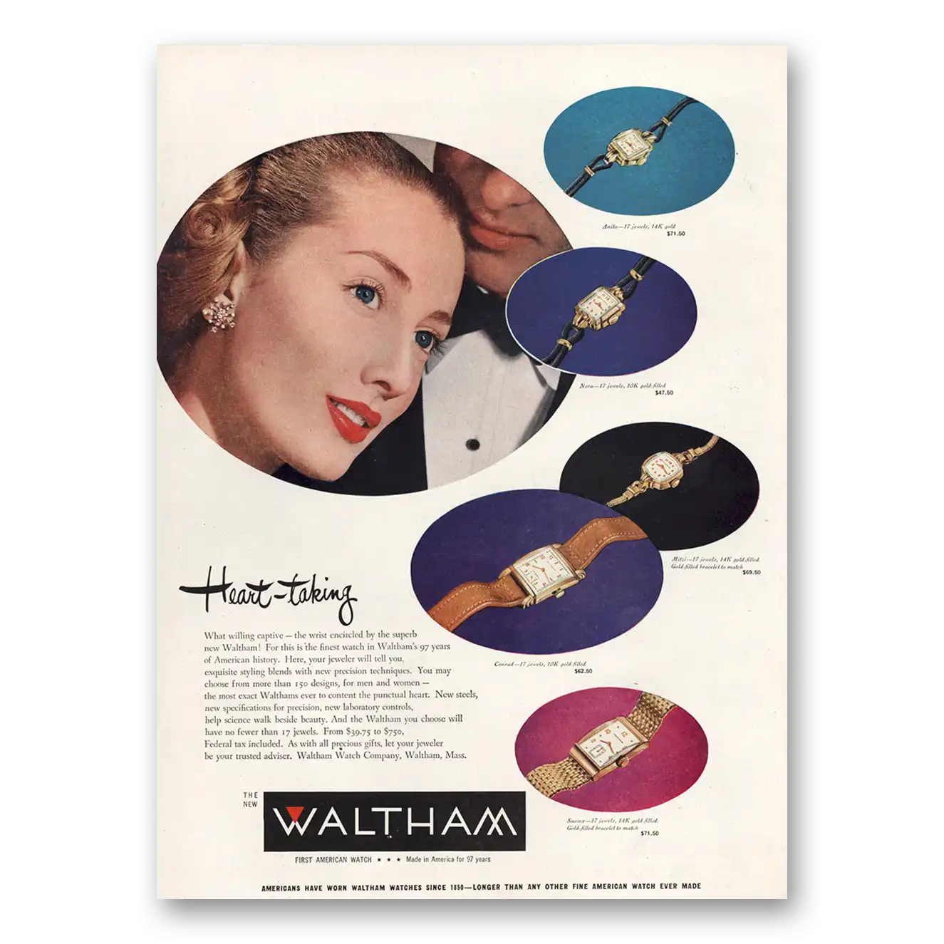 1947 Waltham Watch Heart Taking Vintage Magazine Print Ad