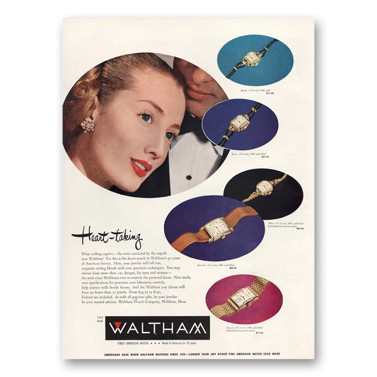 1947 Waltham Watch Heart Taking Vintage Magazine Print Ad