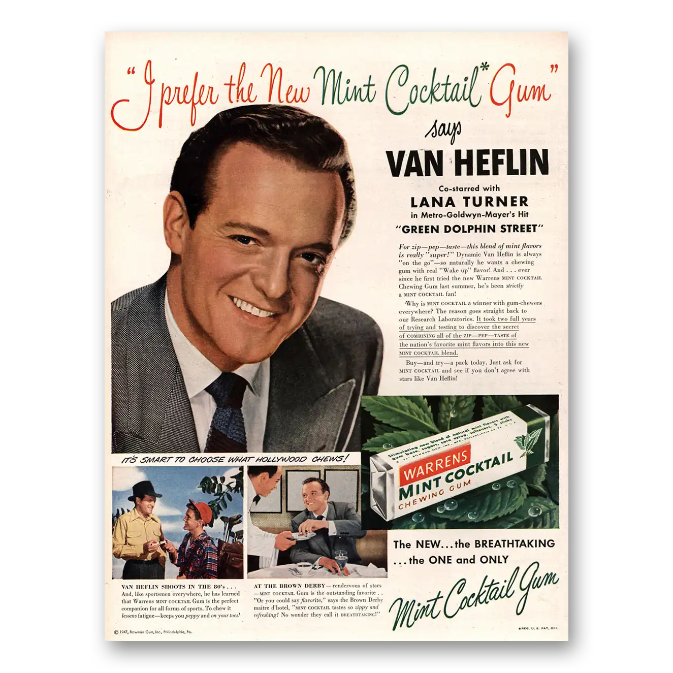 1947 Mint Cocktail Gum Van Heflin Vintage Magazine Print Ad