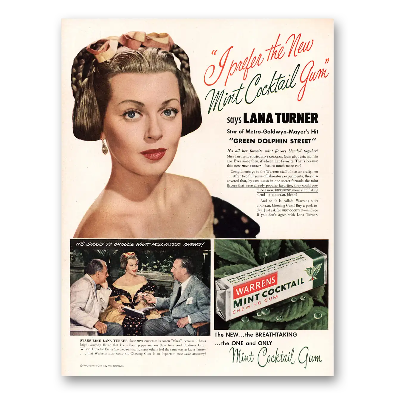 1947 Mint Cocktail Gum Lana Turner Vintage Magazine Print Ad