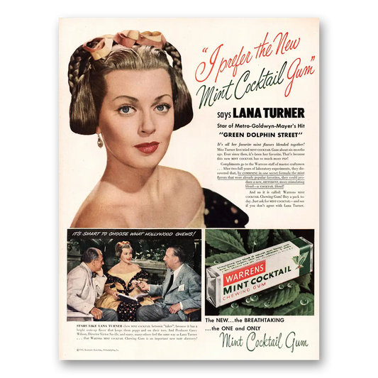 1947 Mint Cocktail Gum Lana Turner Vintage Magazine Print Ad