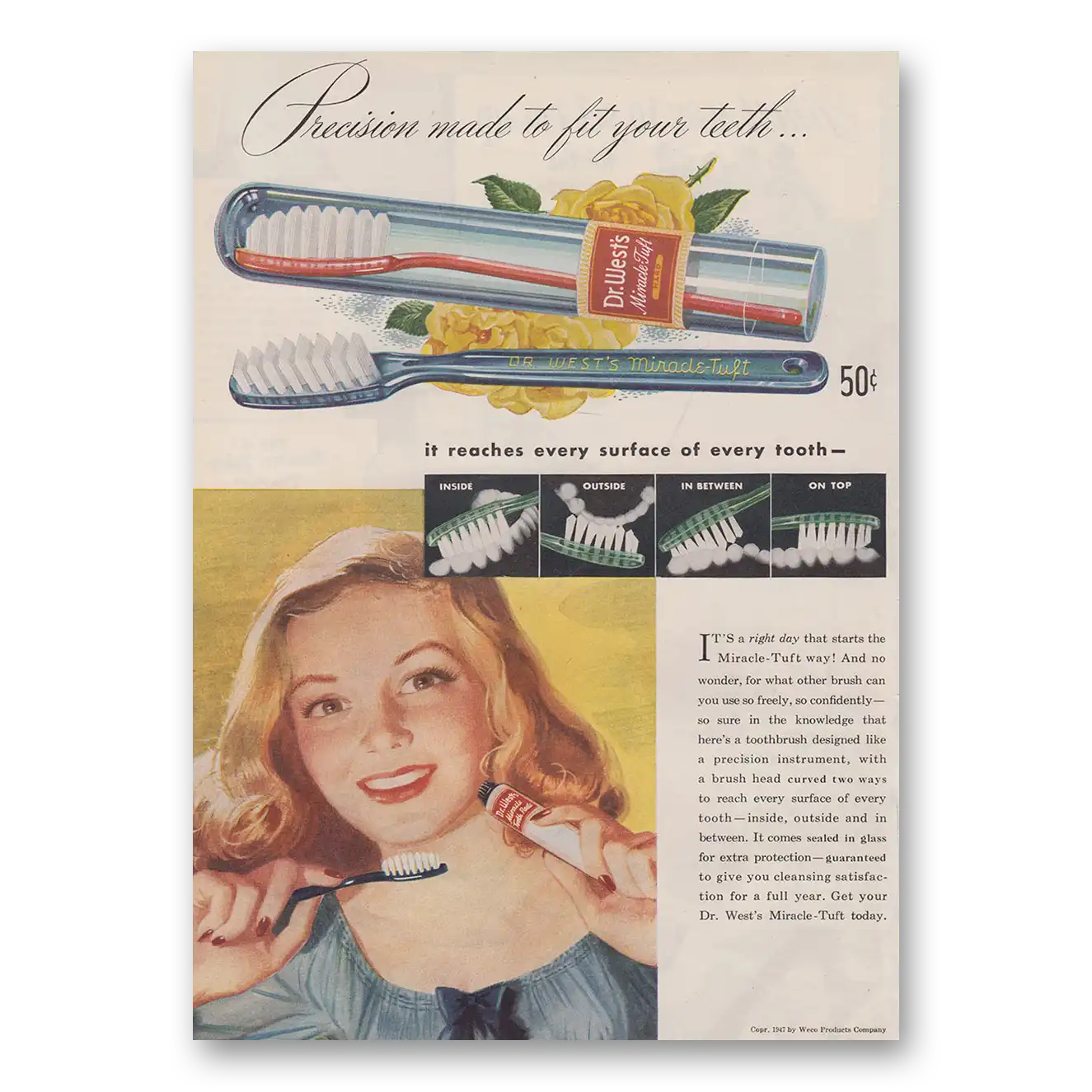 1947 Dr Weiss Toothbrush Precision To Fit Your Teeth Vintage Magazine Print Ad