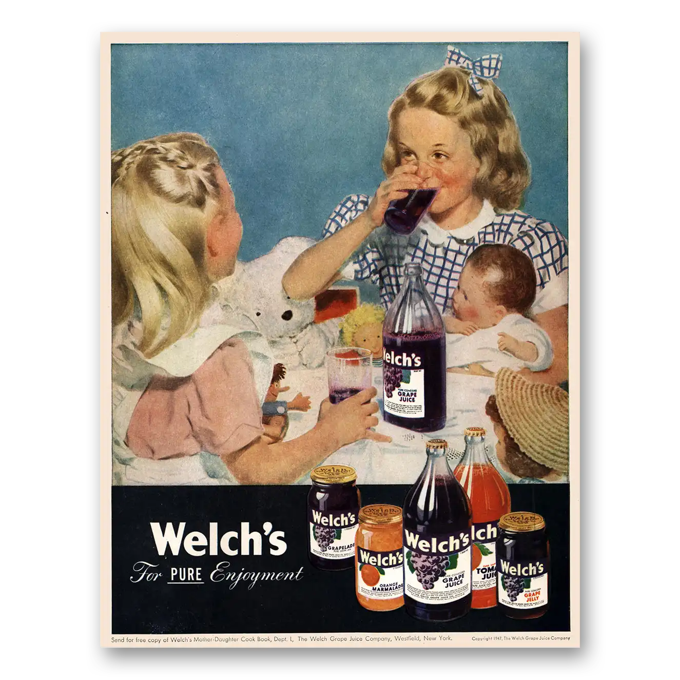 1947 Welch's Grape Juice Pure Enjoyment Vintage Magazine Print Ad