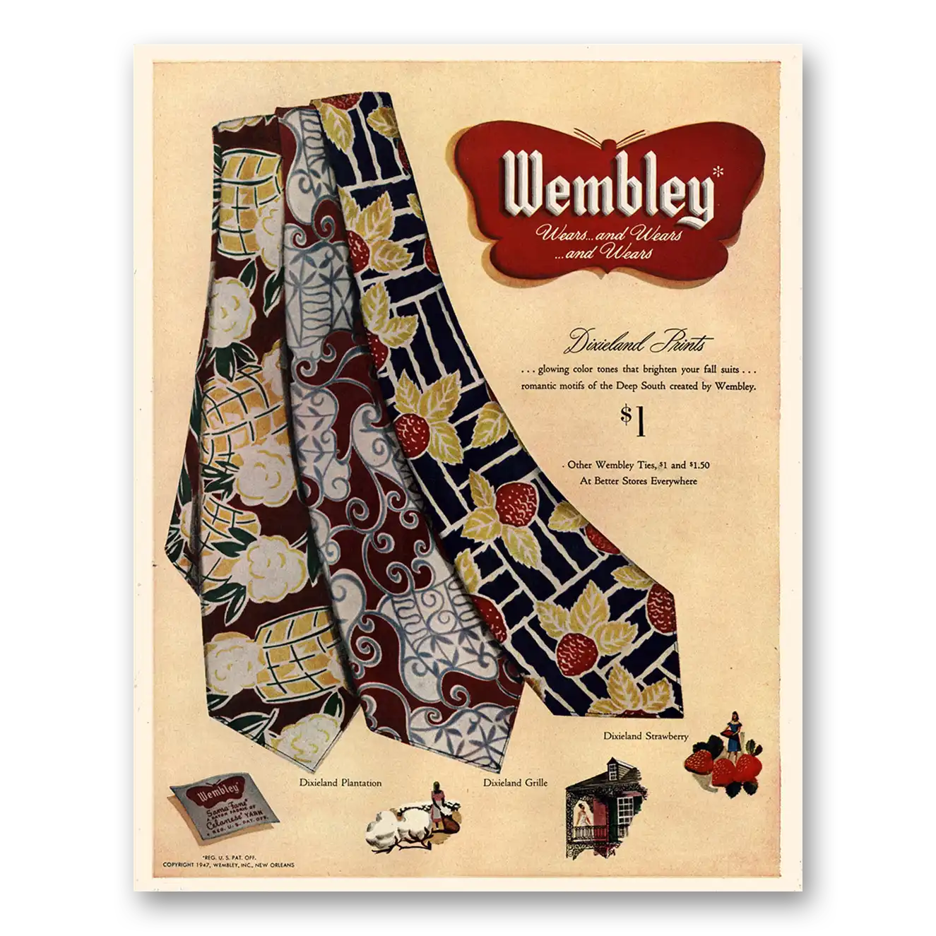 1947 Wembley Ties Dixieland Prints Vintage Magazine Print Ad