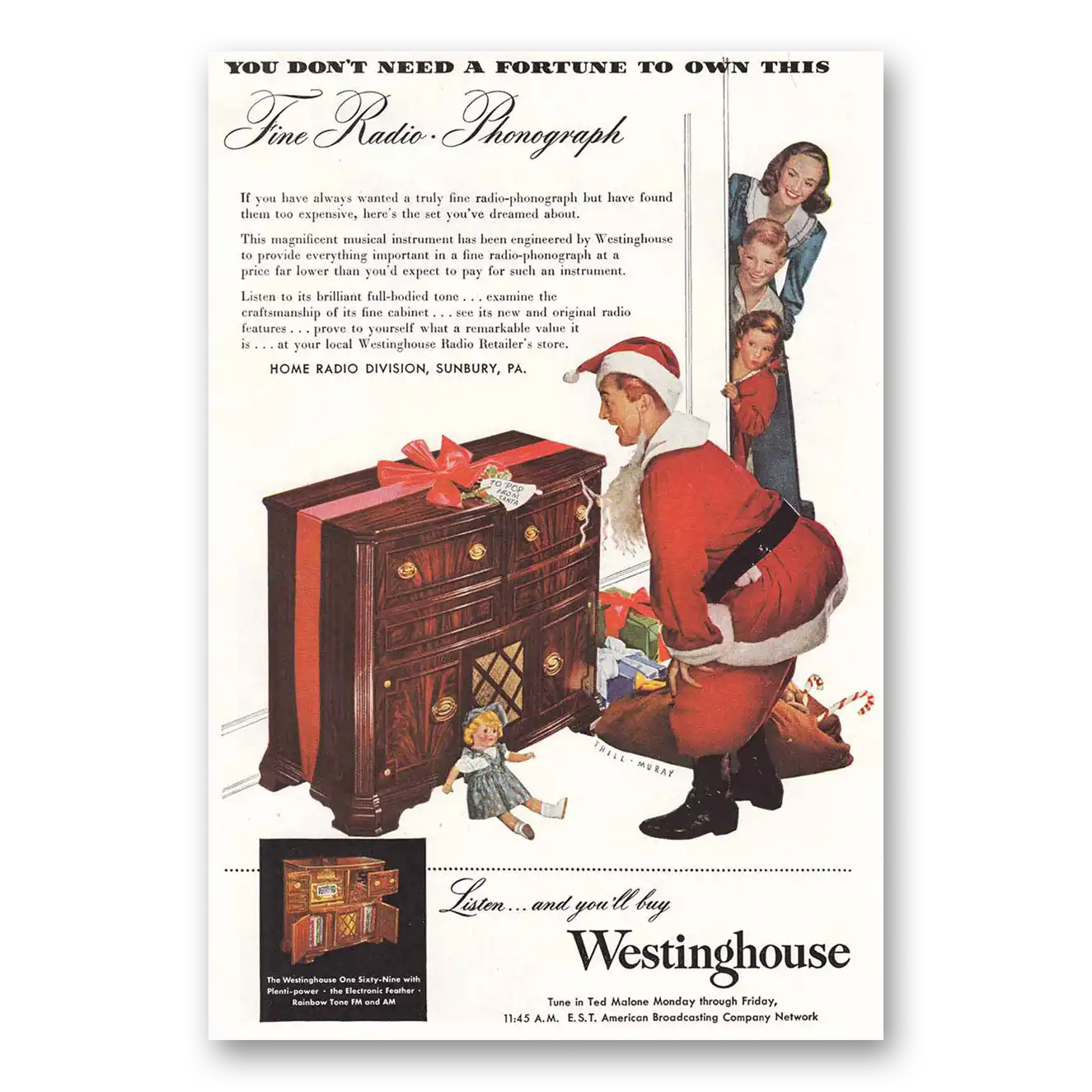 1947 Westinghouse Radio Phonograph Don’t Need a Fortune Vintage Magazine Print Ad