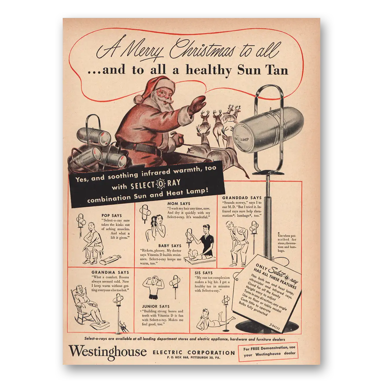 1947 Westinghouse Merry Christmas  Healthy Sun Tan Vintage Magazine Print Ad