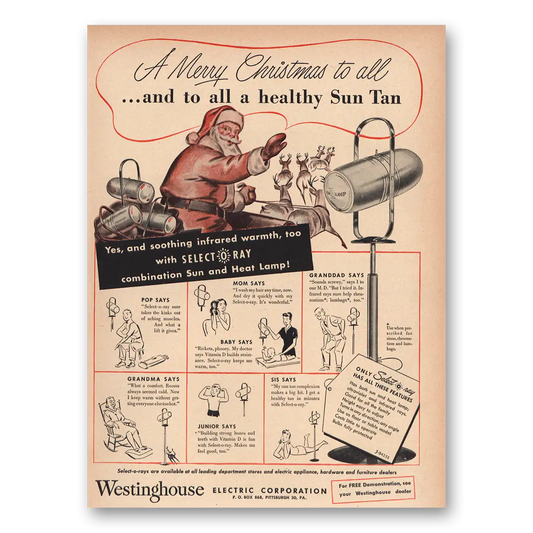 1947 Westinghouse Merry Christmas  Healthy Sun Tan Vintage Magazine Print Ad