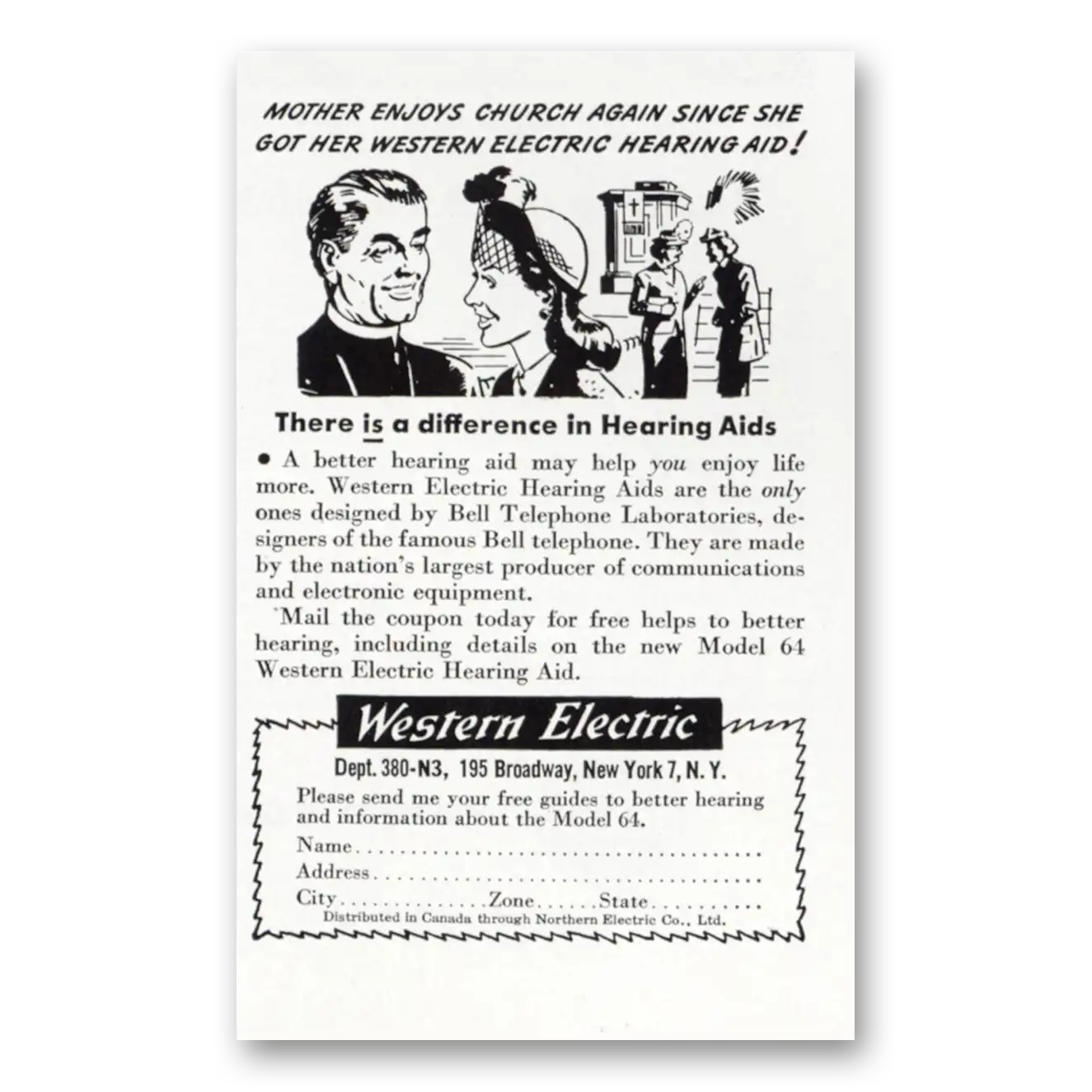 1947 Western Electric Hearing Aid Mother Enjoys Church Again Vintage Magazine Print Ad