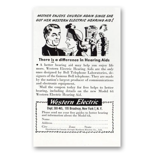 1947 Western Electric Hearing Aid Mother Enjoys Church Again Vintage Magazine Print Ad