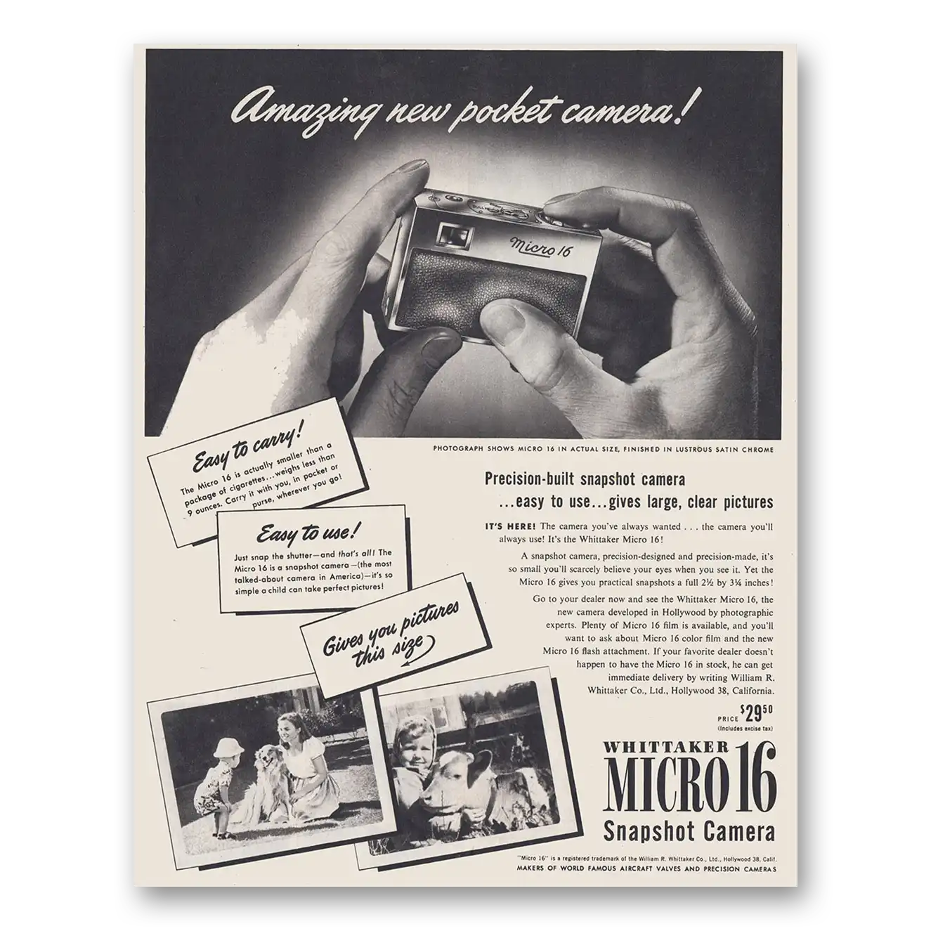 1947 Whittaker Micro 16 Camera Snapshot Camera Precision Built Vintage Magazine Print Ad