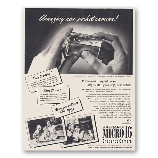 1947 Whittaker Micro 16 Camera Snapshot Camera Precision Built Vintage Magazine Print Ad