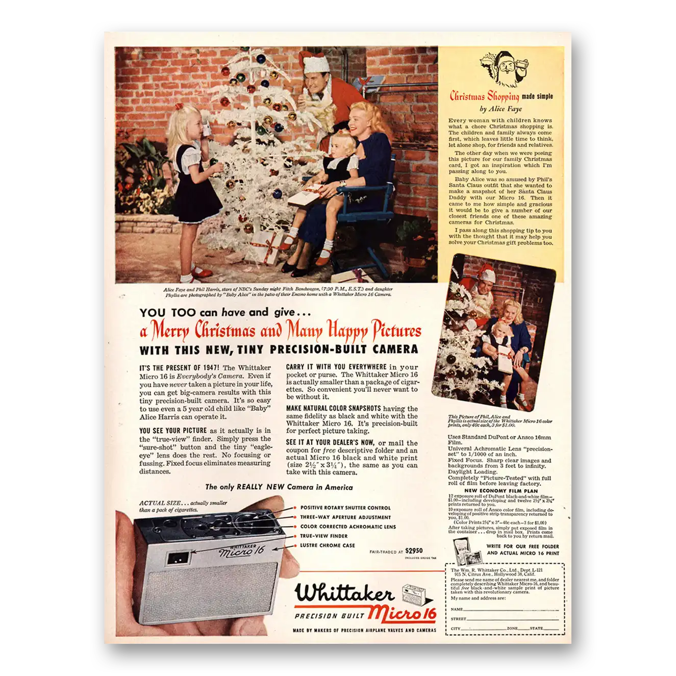 1947 Whittaker Micro 16 Camera Merry Christmas Many Happy Pictures Vintage Magazine Print Ad