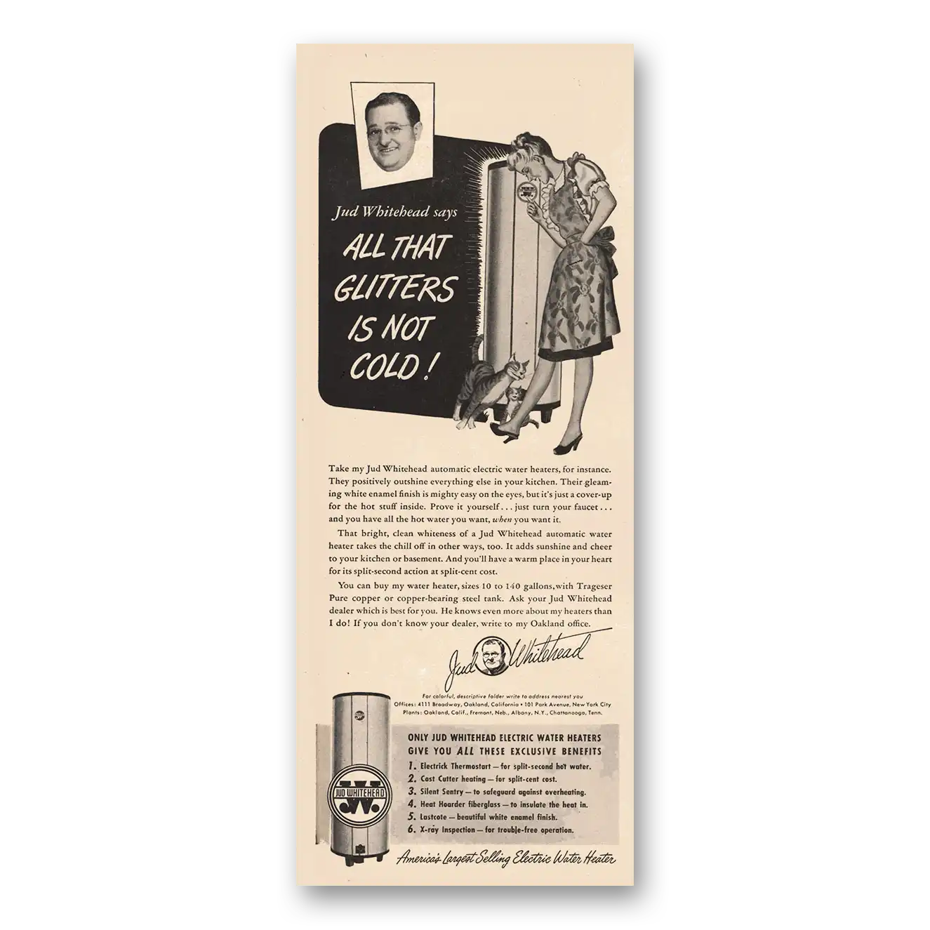 1947 Jud Whitehead Water Heater All That Glitters Is Not Gold Vintage Magazine Print Ad