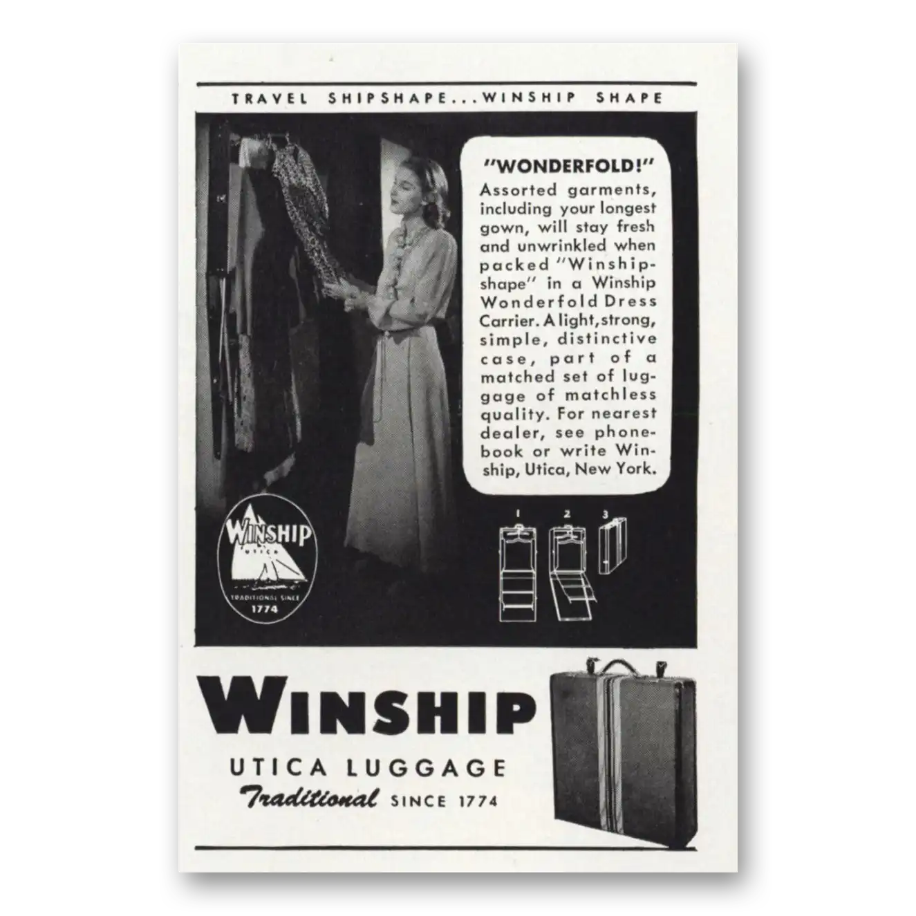 1947 Winship Utica Luggage Wonderfold Assorted Garments Vintage Magazine Print Ad