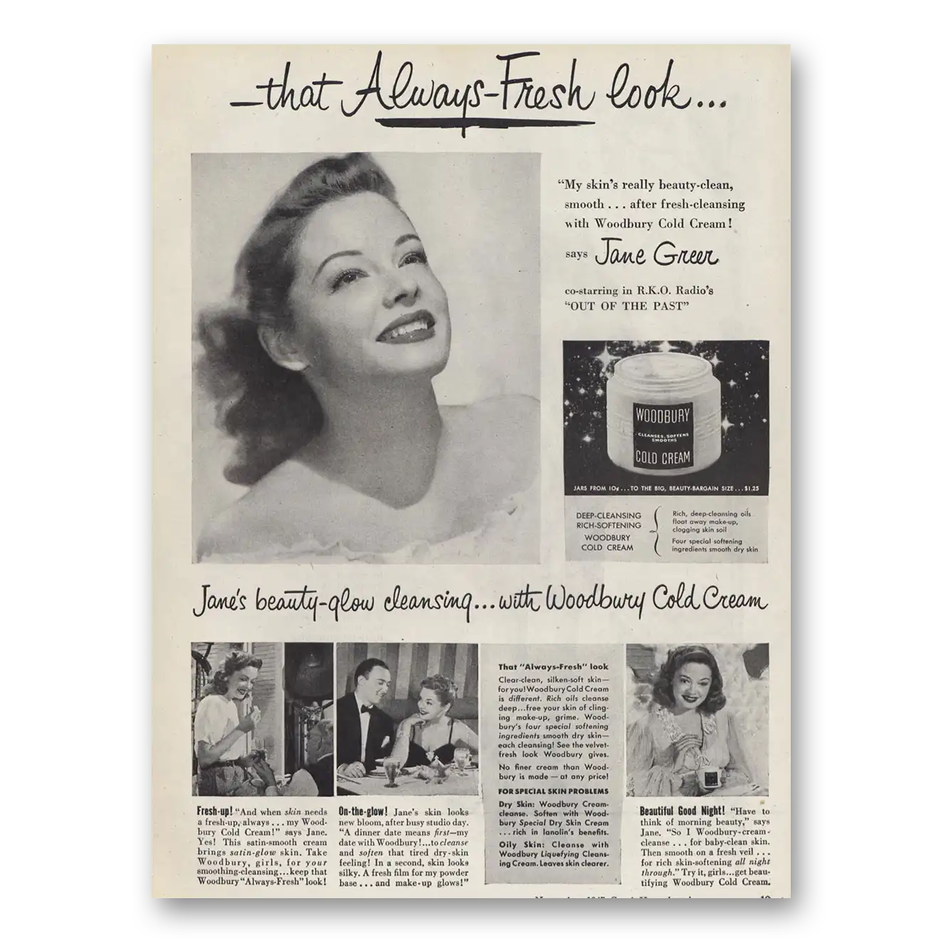 1947 Woodbury Cold Cream Jane Greer Vintage Magazine Print Ad