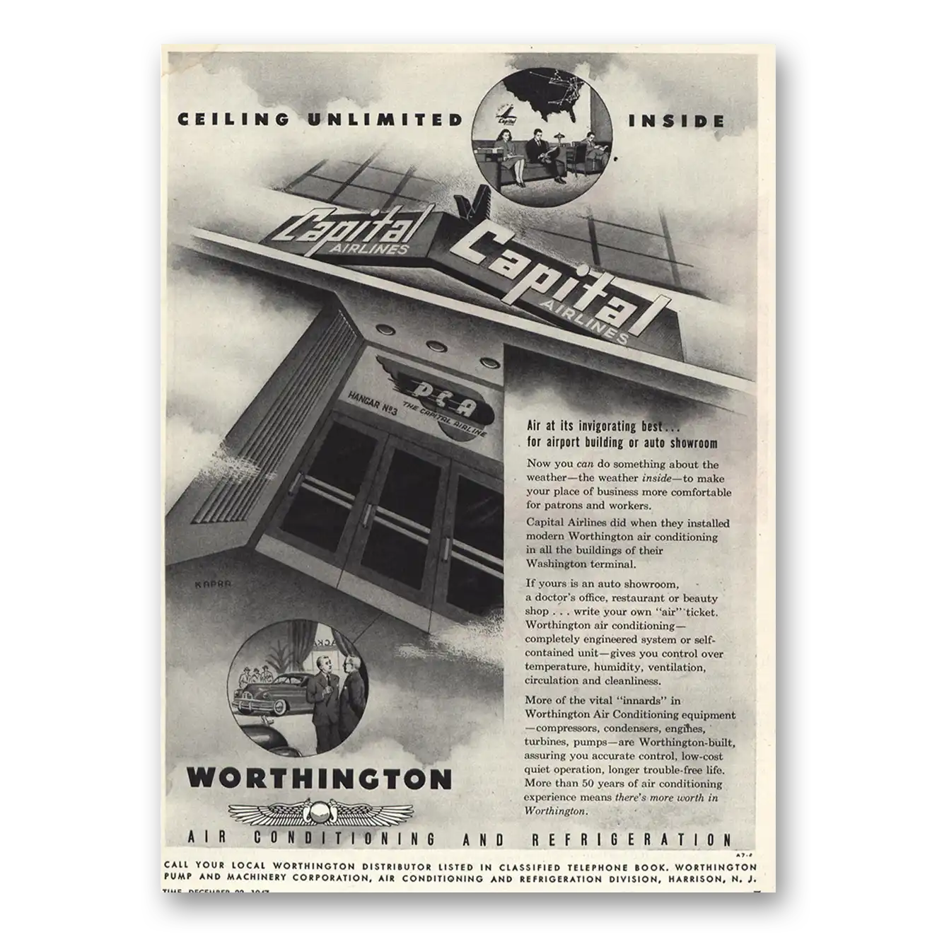 1947 Worthington Air Conditioning Capital Airlines Vintage Magazine Print Ad