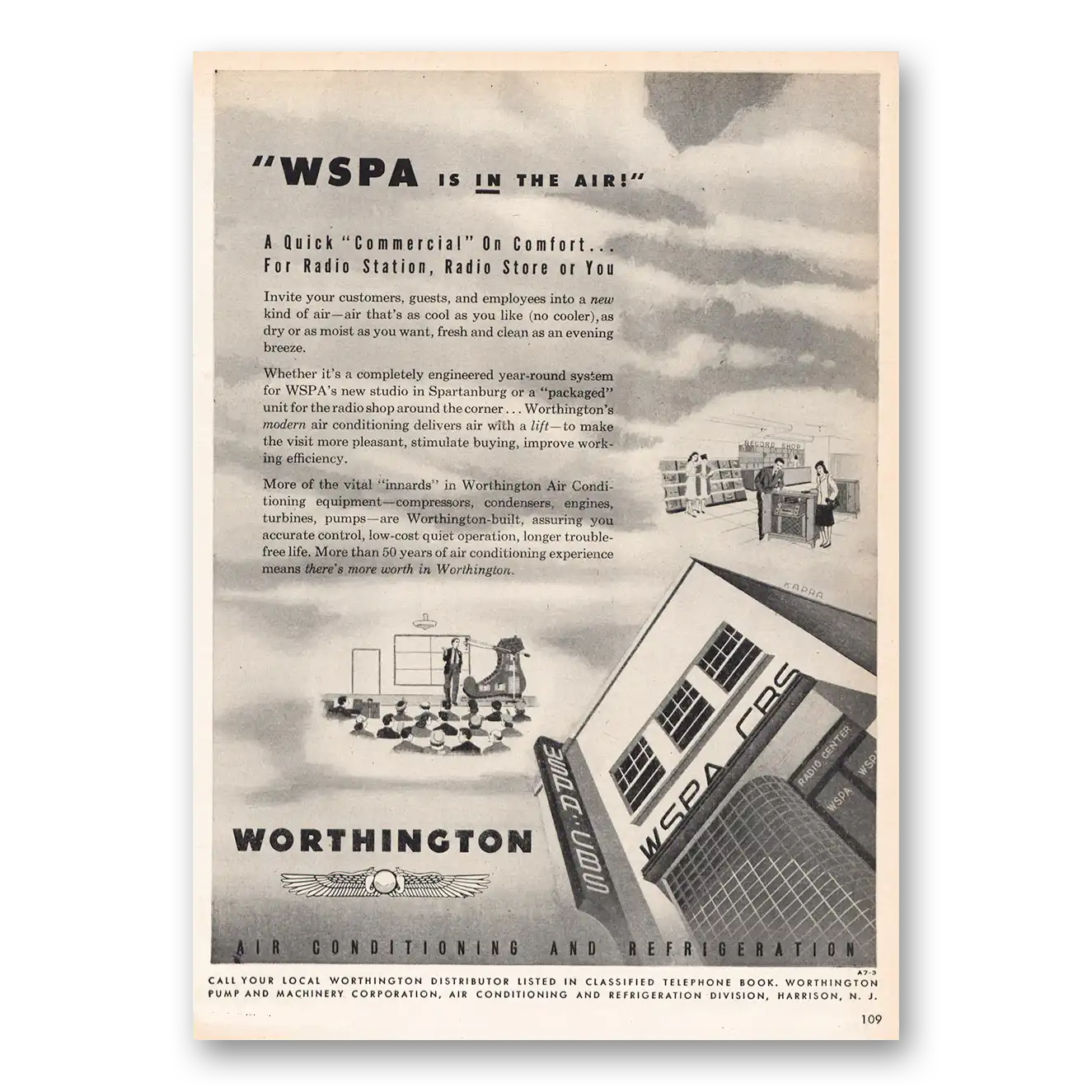 1947 Worthington Air Conditioning WSPA In the Air Vintage Magazine Print Ad