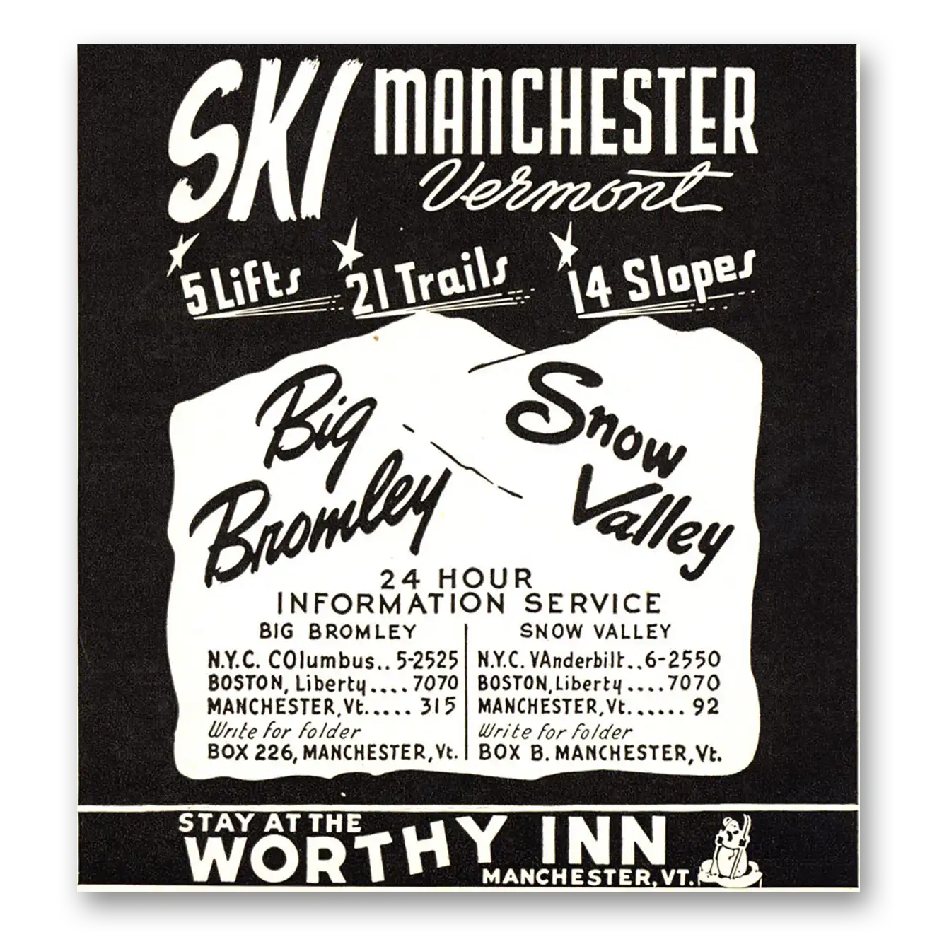 1947 Worthy Inn Ski Manchester Vermont Vintage Magazine Print Ad