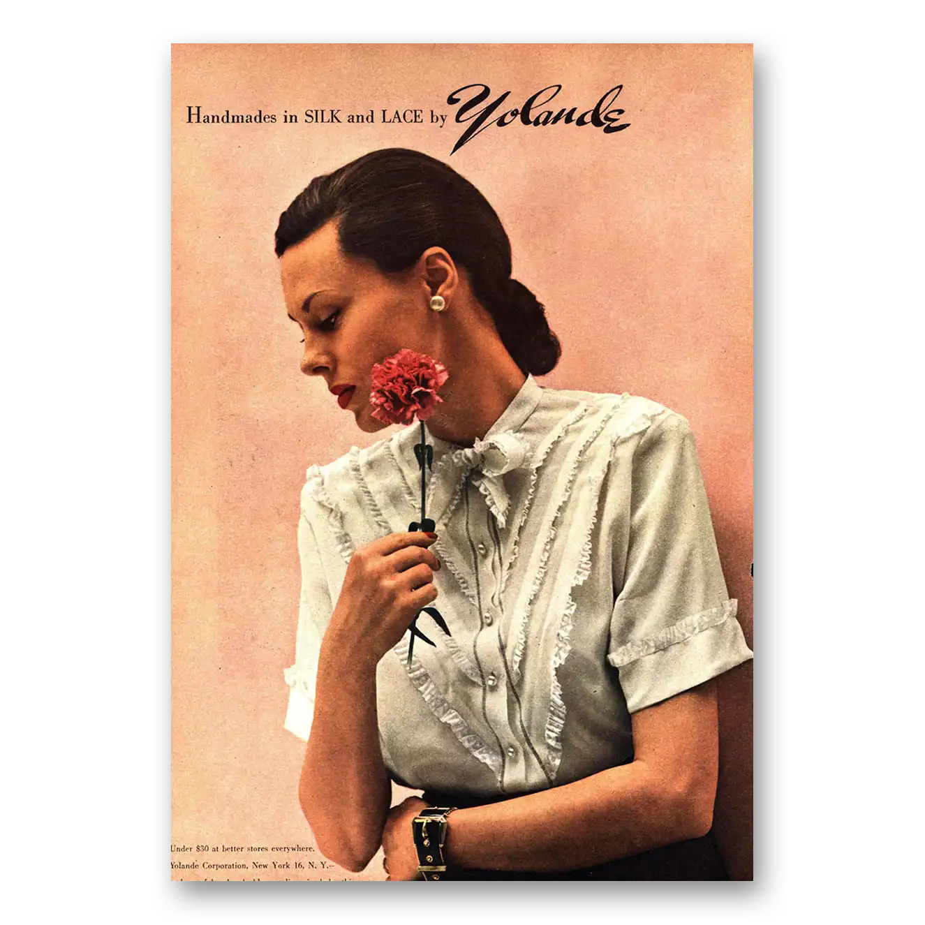 1947 Yolande Fashion Handmades In Silk and Lace Vintage Magazine Print Ad