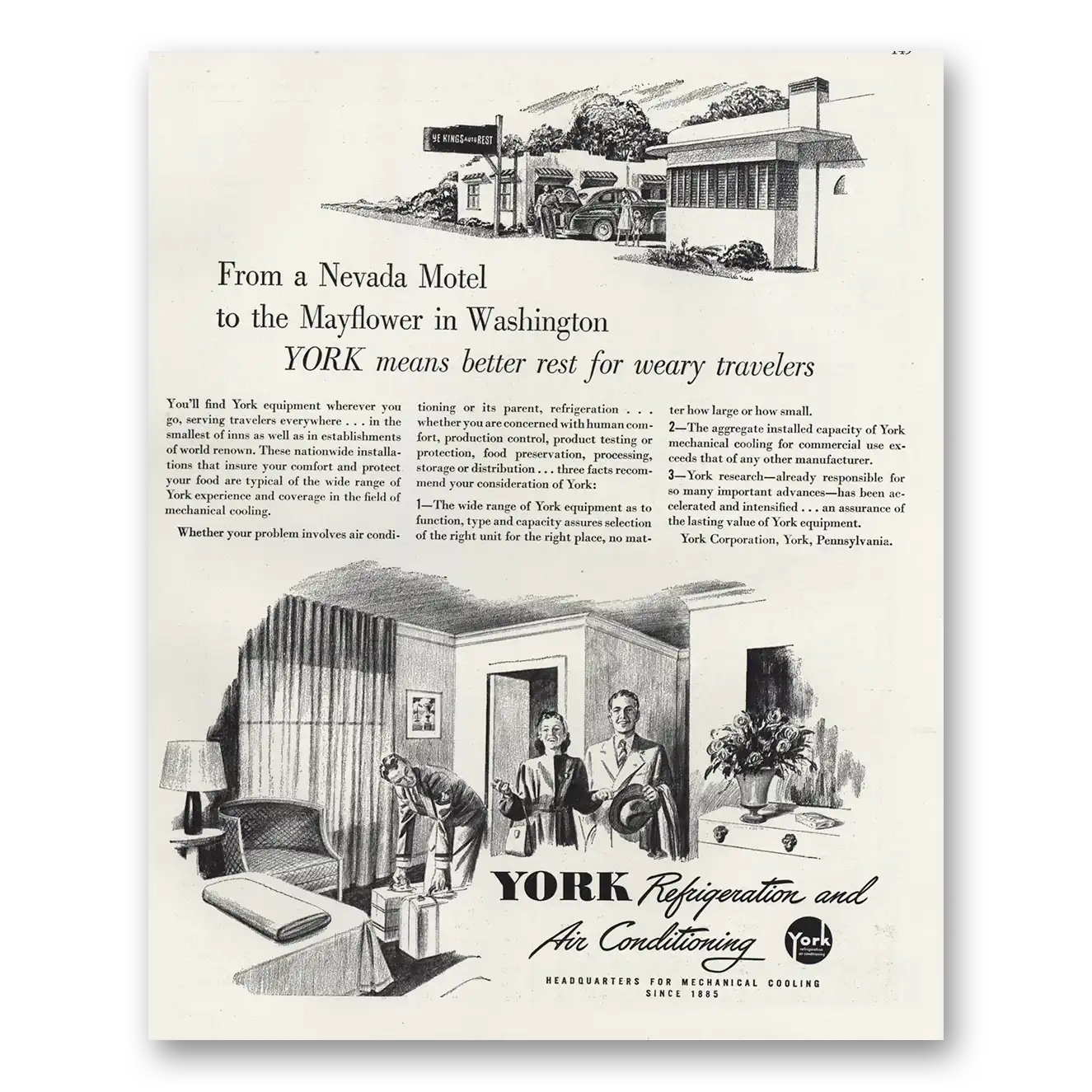 1947 York Air Conditioning Nevada Motel Mayflower In Washington Vintage Magazine Print Ad