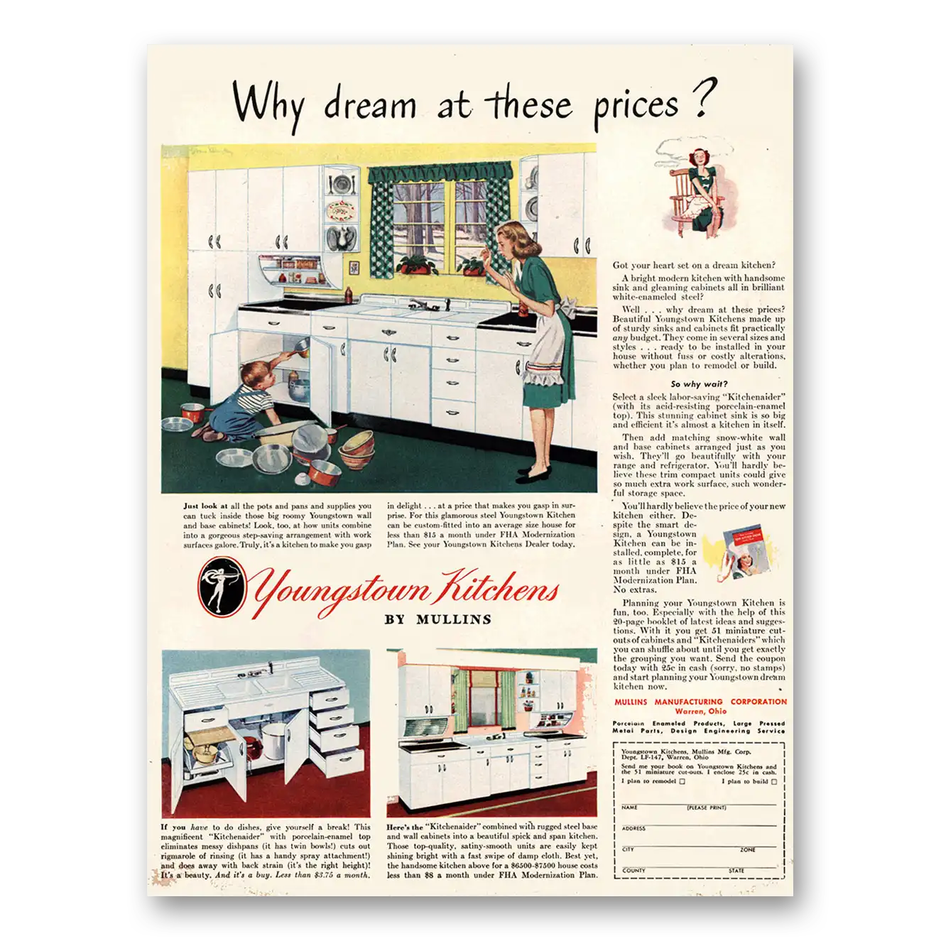 1947 Youngstown Kitchens Why Dream At These Prices Vintage Magazine Print Ad