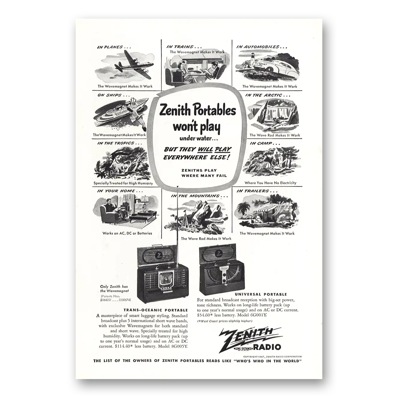 1947 Zenith Radio Won't Play Under Water Vintage Magazine Print Ad