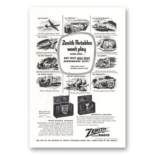 1947 Zenith Radio Won't Play Under Water Vintage Magazine Print Ad