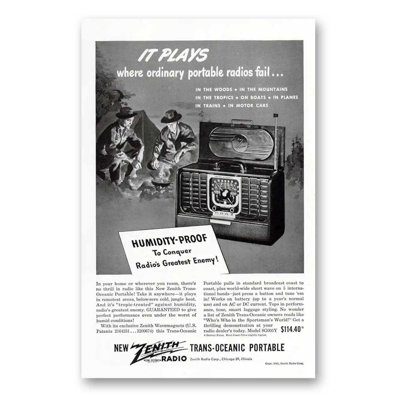 1947 Zenith Radio Plays Humidity Proof Vintage Magazine Print Ad