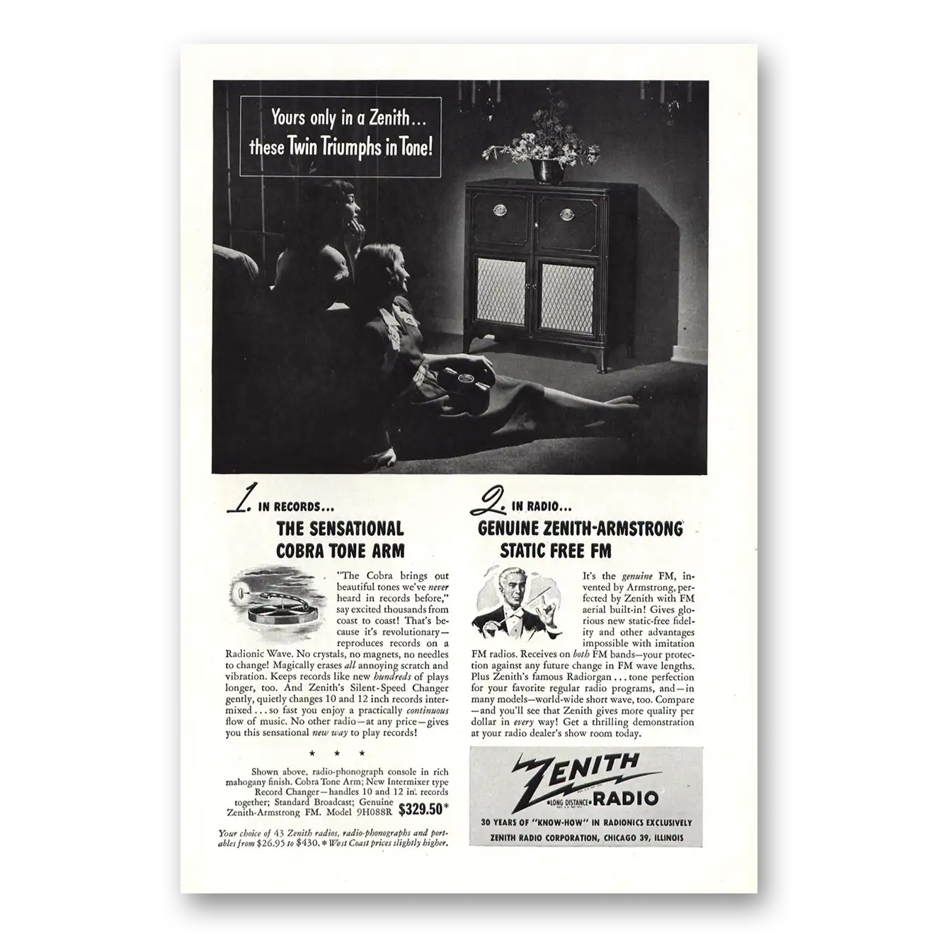 1947 Zenith Radio Twin Triumphs in Tone Vintage Magazine Print Ad