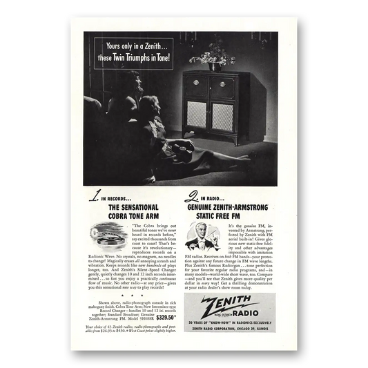 1947 Zenith Radio Twin Triumphs in Tone Vintage Magazine Print Ad