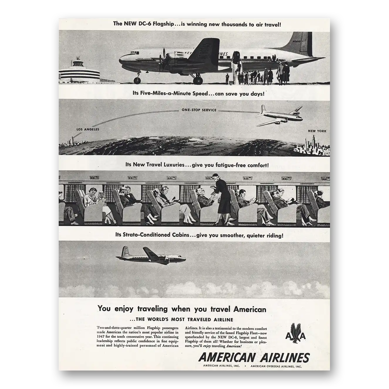 1948 American Airlines DC6 Flagship Winning New Thousands Vintage Magazine Print Ad