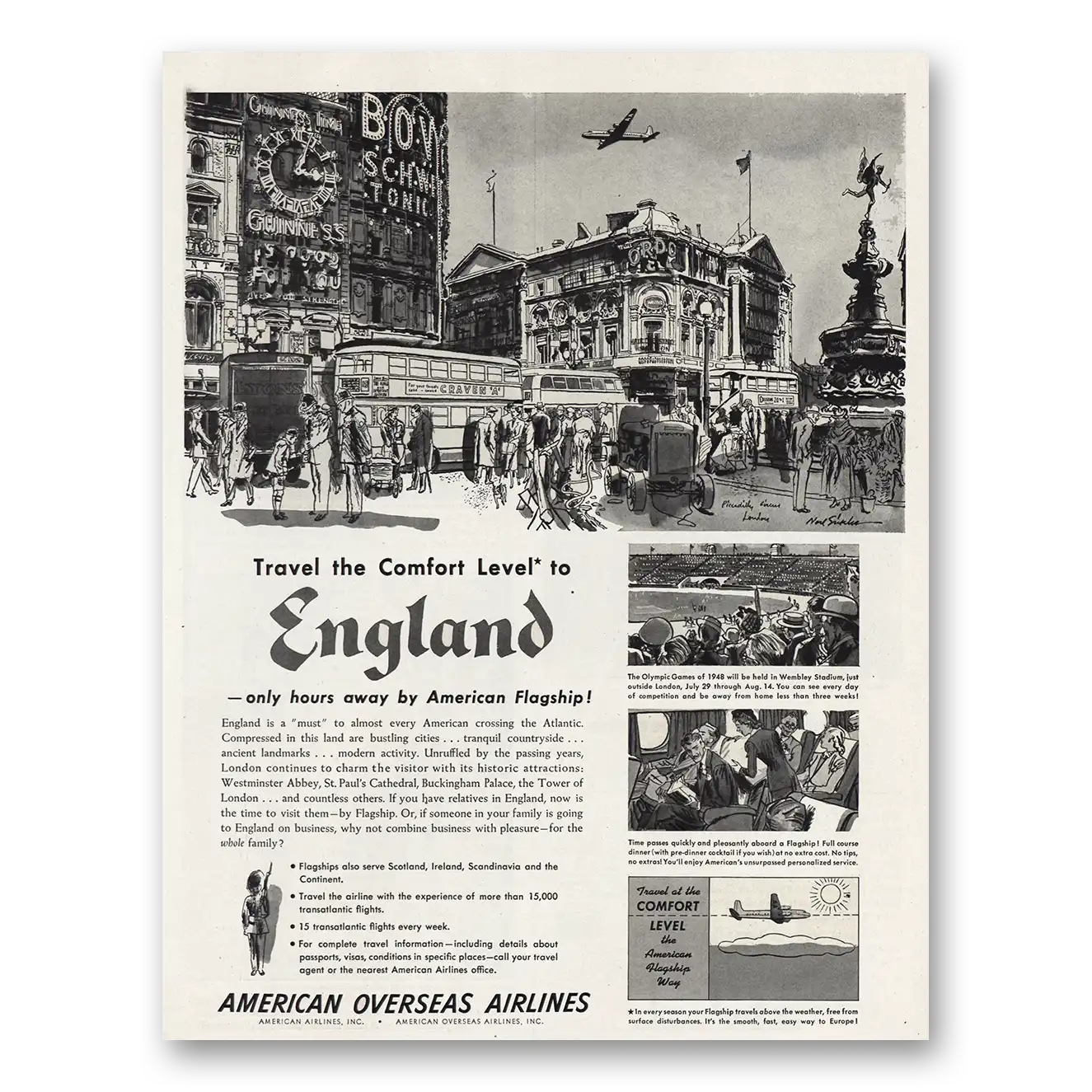 1948 American Airlines Comfort Level to England Vintage Magazine Print Ad