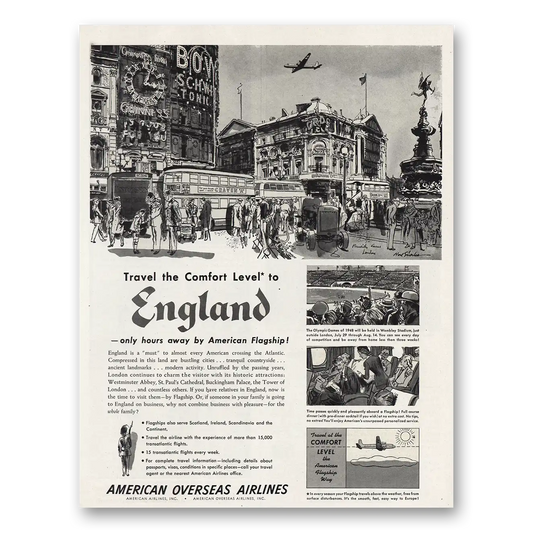 1948 American Airlines Comfort Level to England Vintage Magazine Print Ad