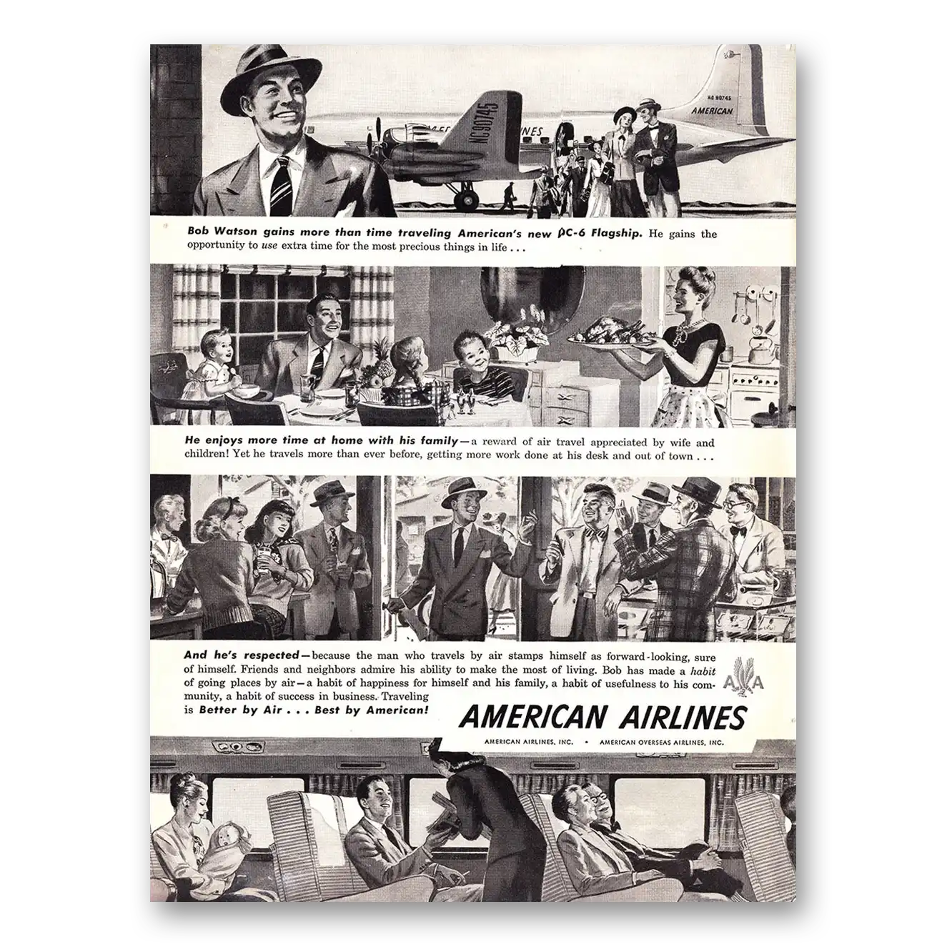 1948 American Airlines Bob Watson Gains More Than Time Vintage Magazine Print Ad