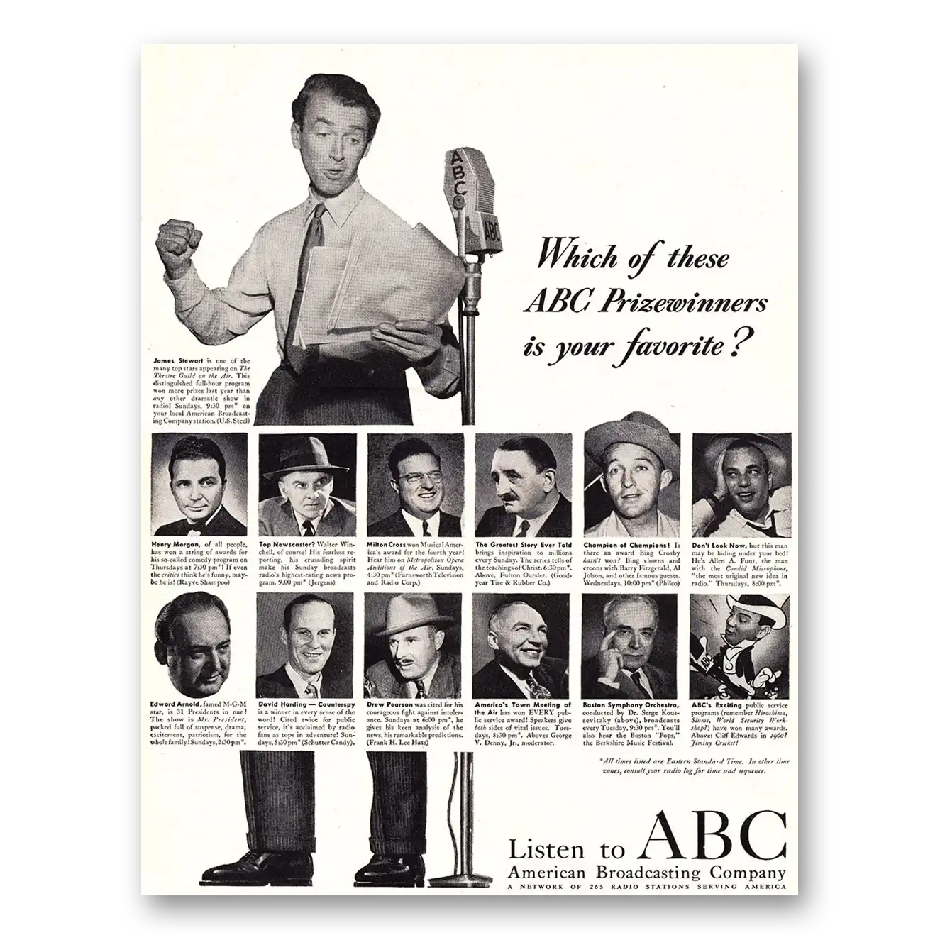 1948 ABC American Broadcasting James Stewart Henry Morgan and Walter Winchell Vintage Magazine Print Ad