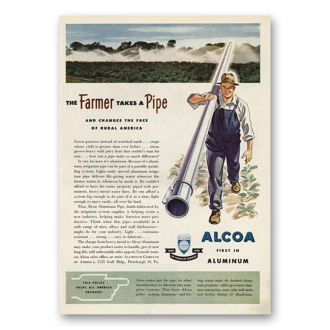 1948 Alcoa Farmer Takes a Pipe Vintage Magazine Print Ad